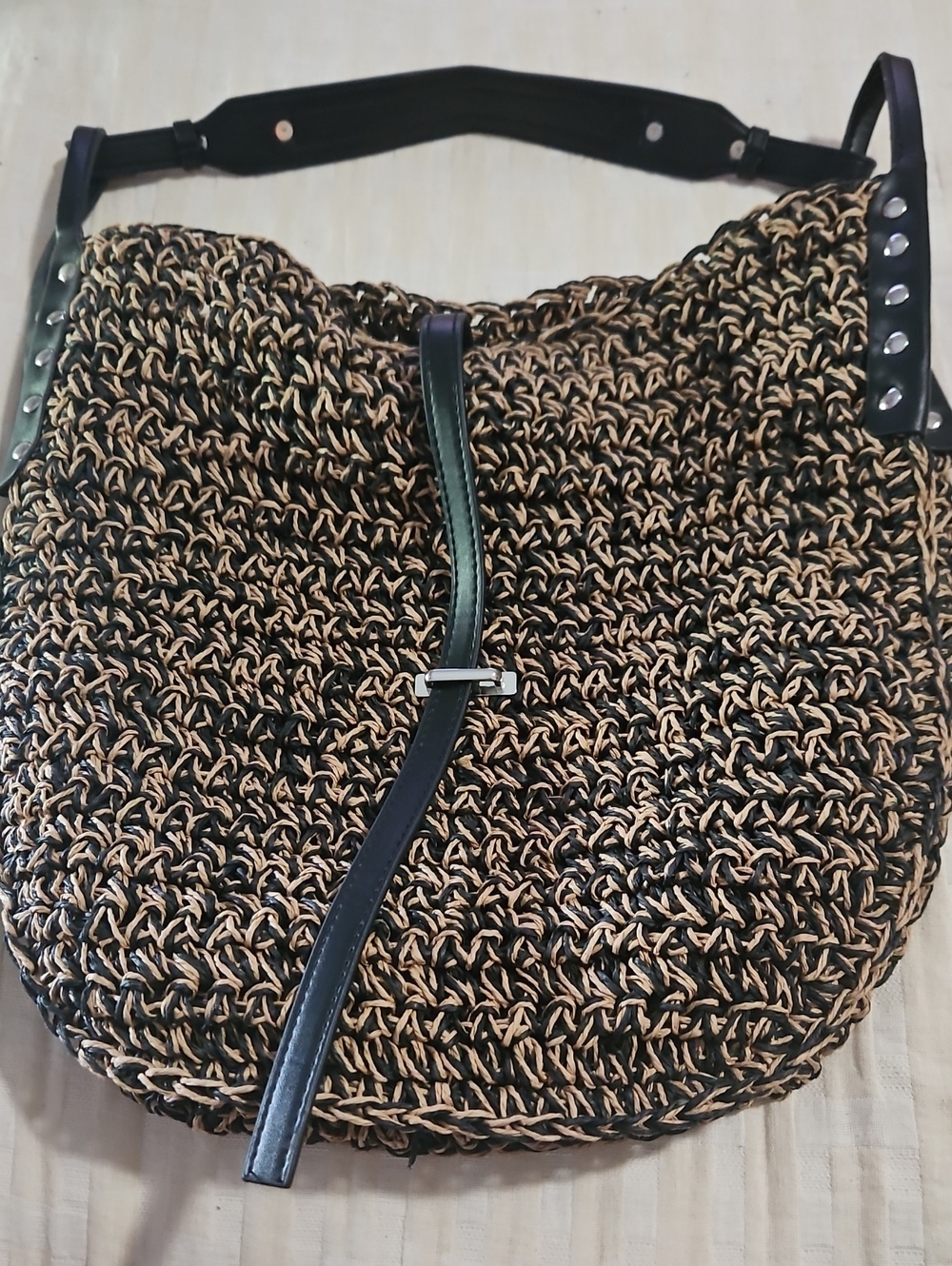 Moda Luxe Woven Black and Tan Shoulder Bag